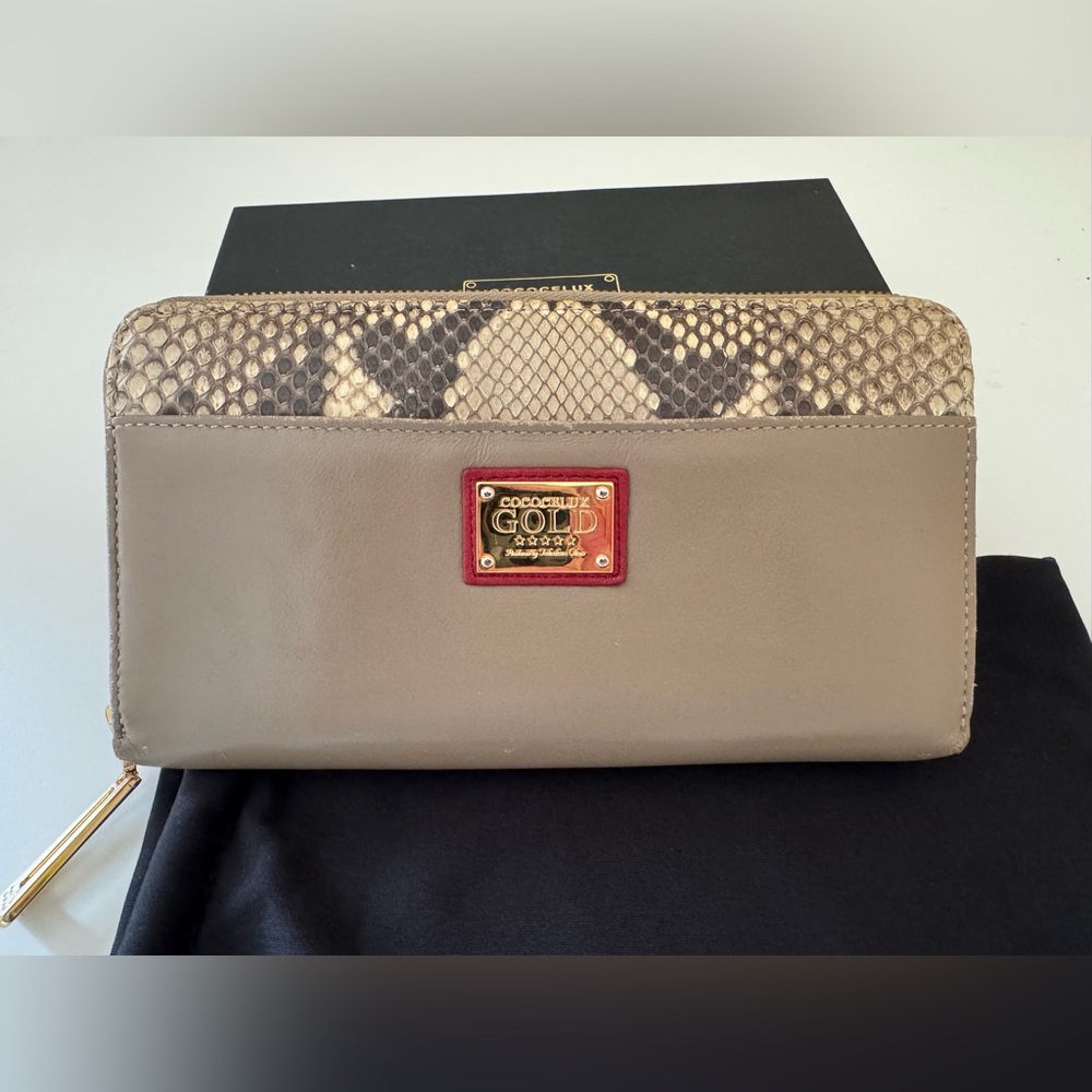 Cococelux Gold Women's Lamb Leather Taupe/Blush and Python Long Wallet - Picture 3 of 13